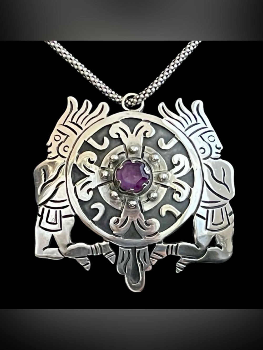 Vintage Taxco Mexico Large Sterling silver and amethyst pendant Signed